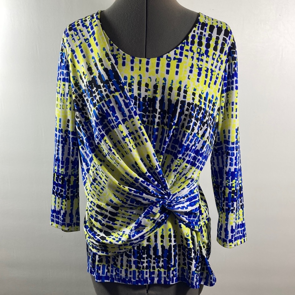 Conrad C Women's Blue and Yellow Patterned Top Cross Over Front Long Sleeves